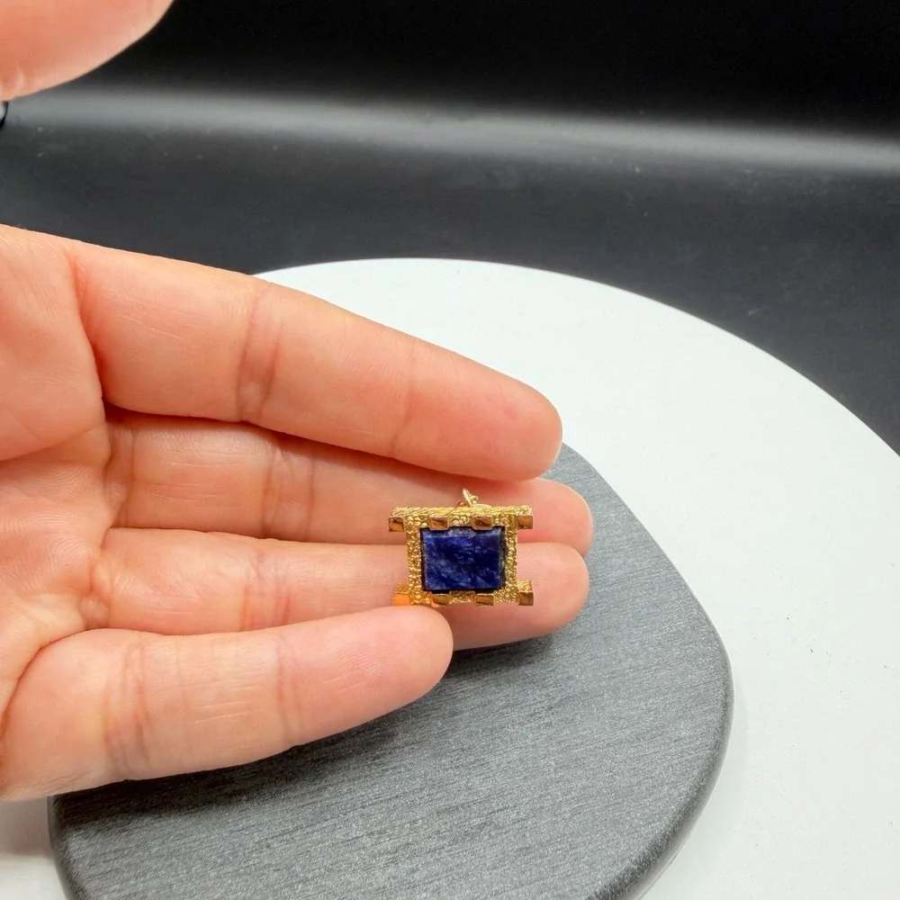 Gold Tone Blue Stone Tie Tack Lapel Pin Textured Square Chain Bar Gift for Him